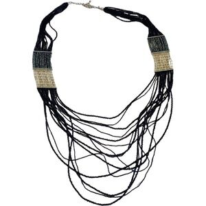 CHICO'S Necklace Multi Strand Black Silver Clear Seed Beaded Statement Necklace